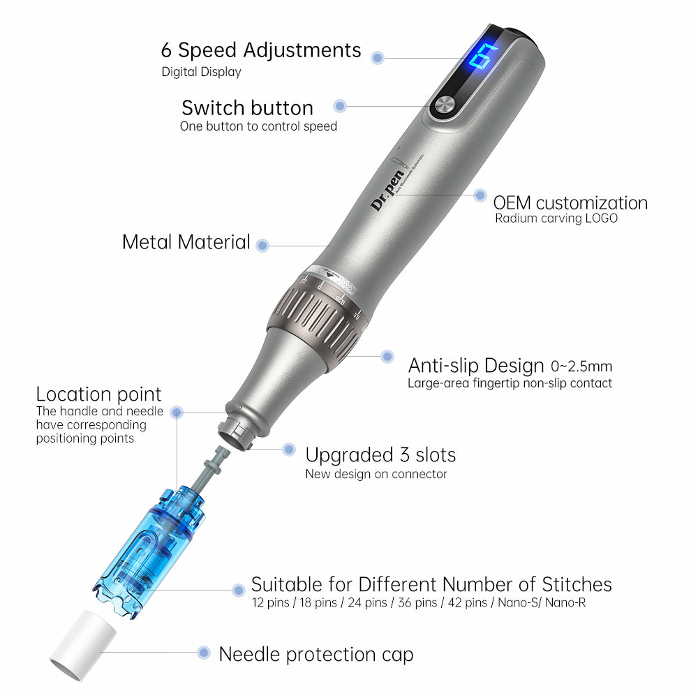 Dr. Pen microneedling-pluma con pantalla de velocidad digital, módulo de aguja, diseño antideslizante y profundidad de aguja ajustable hasta 2,5 mm.