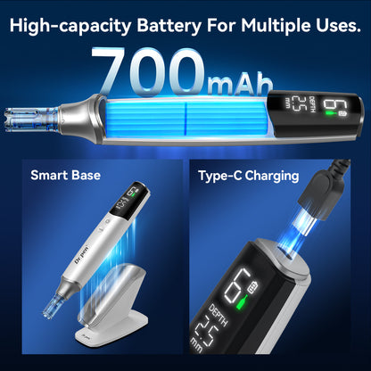 Dr. Pen M9 con potente batería de 700 mAh, carga USB-C y base de carga inteligente para microneedling inalámbrico y largo tiempo de uso.