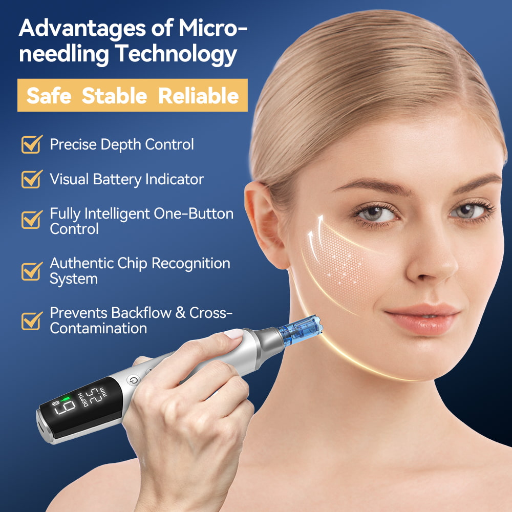 Dr. Pen M9 dermapen con tecnología microneedling avanzada, profundidad de aguja ajustable y cartucho de aguja anti-reflujo para un tratamiento seguro de la piel.