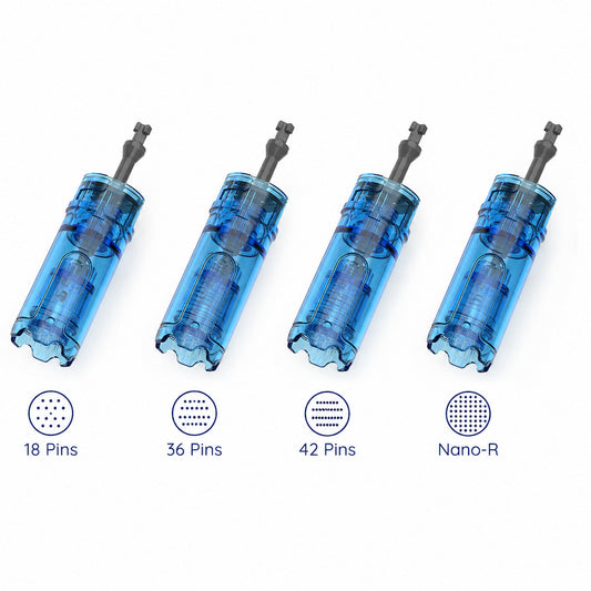 Cartuchos de agujas para Dr. Pen M9 para microneedling, incluidos 18-pin, 36-pin, 42-pin y Nano-R para diferentes tratamientos y tipos de piel.