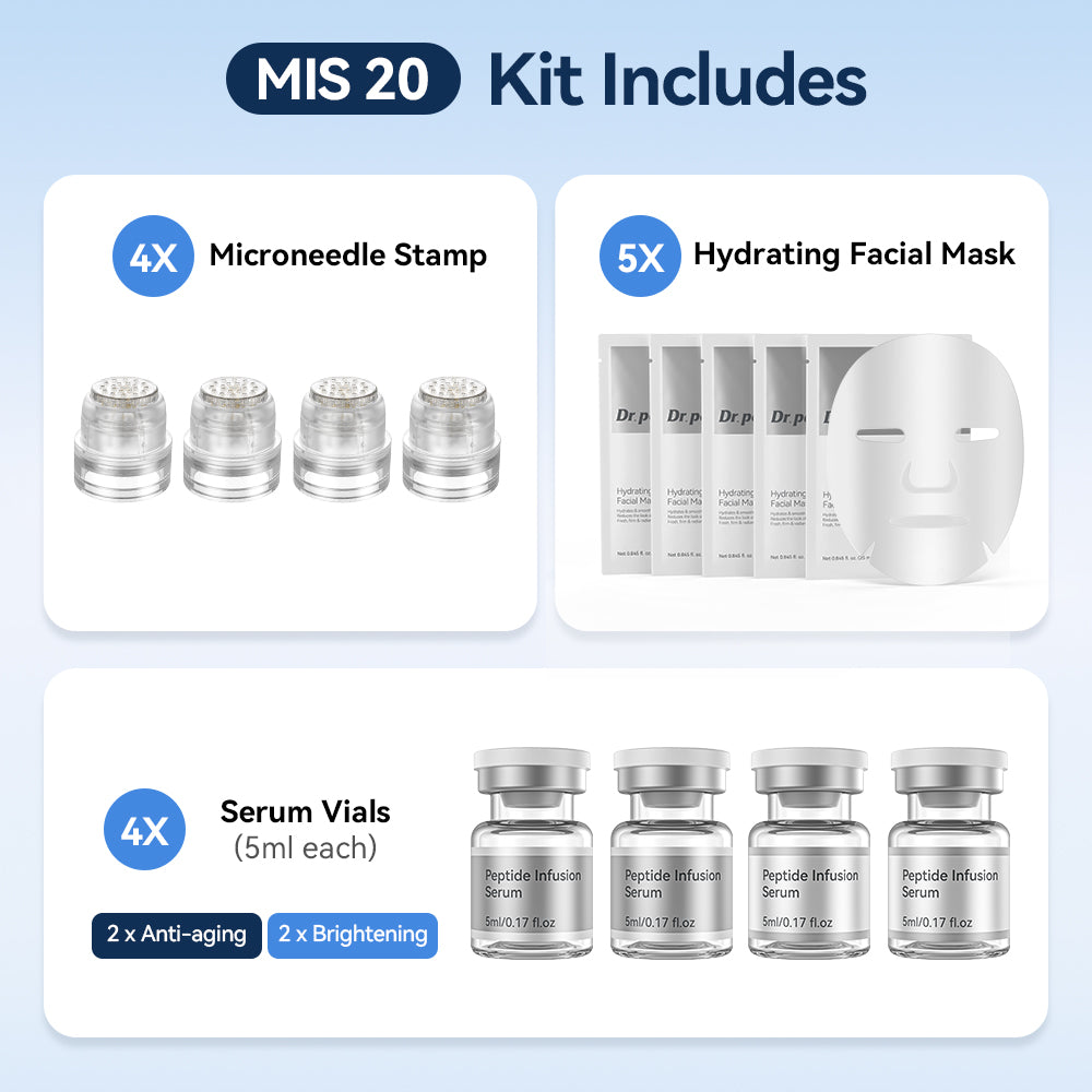 Dr. Pen MIS20 Micro-Infusion Kit con cuatro microneedle stamps, cinco mascarillas faciales hidratantes y cuatro frascos de sérum de 5 ml: dos sérums antiedad y dos sérums para una piel más uniforme y radiante.
