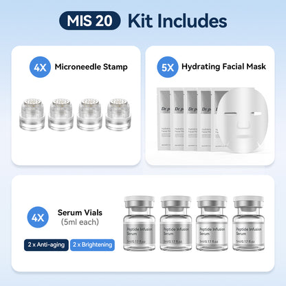 Dr. Pen MIS20 Micro-Infusion Kit con cuatro microneedle stamps, cinco mascarillas faciales hidratantes y cuatro frascos de sérum de 5 ml: dos sérums antiedad y dos sérums para una piel más uniforme y radiante.