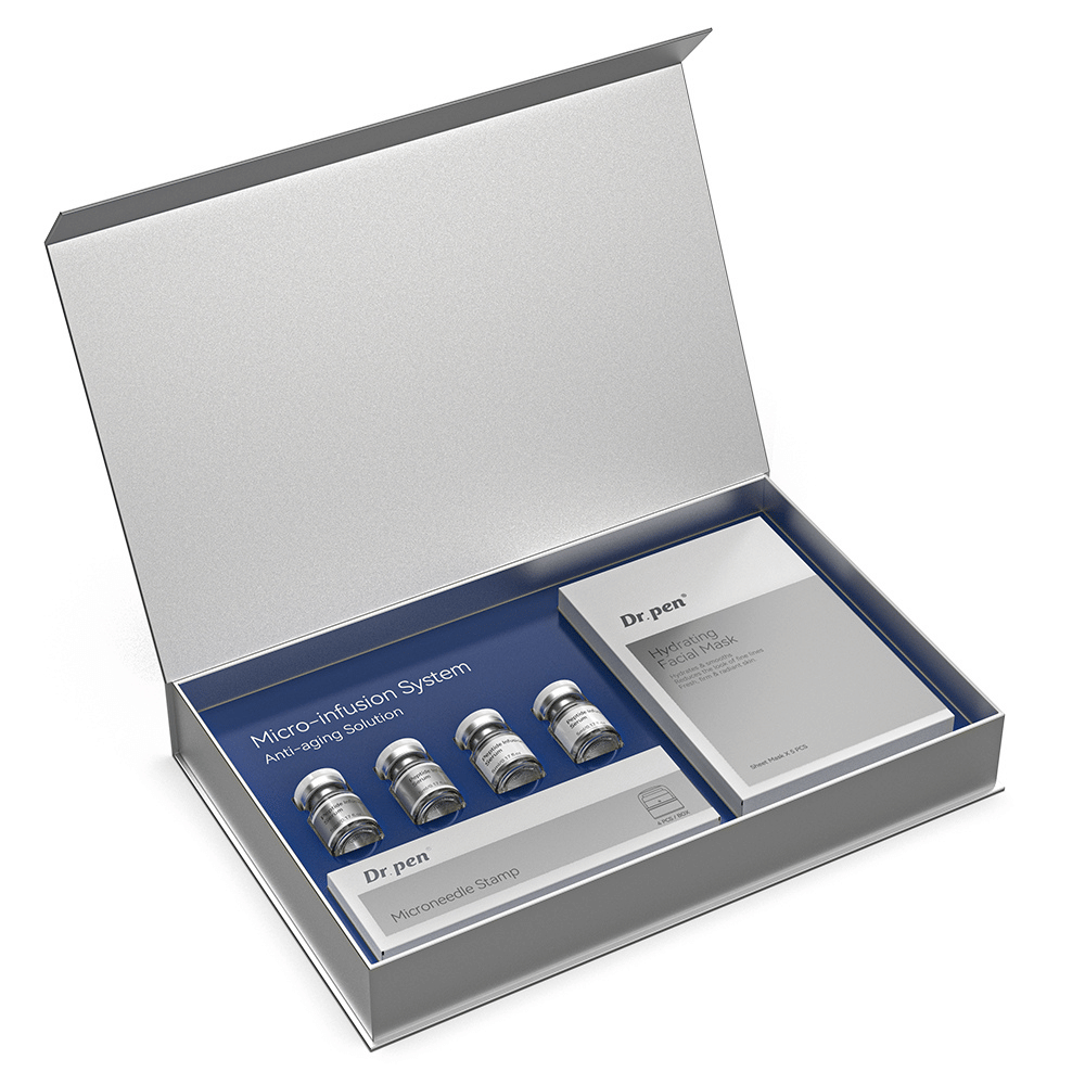 Dr. Pen MIS20 Micro-Infusion System en envase abierto con cuatro peptide infusion serum, microneedle stamp y mascarillas faciales hidratantes para micro-infusión y cuidado de la piel en casa.