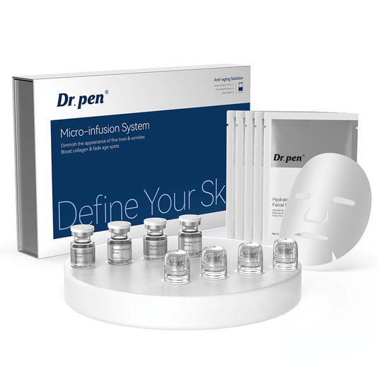 Dr. Pen MIS20 Micro-Infusion System kit completo de cuidado de la piel con peptide infusion serum, aplicadores de micro-infusión y mascarillas faciales hidratantes para el tratamiento de líneas finas, tono de piel desigual y piel apagada.