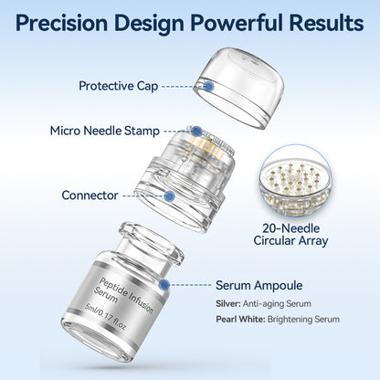Dr. Pen MIS20 micro-infusión con microneedle stamp de 20 agujas, tapa protectora, conector y ampolla de sérum.