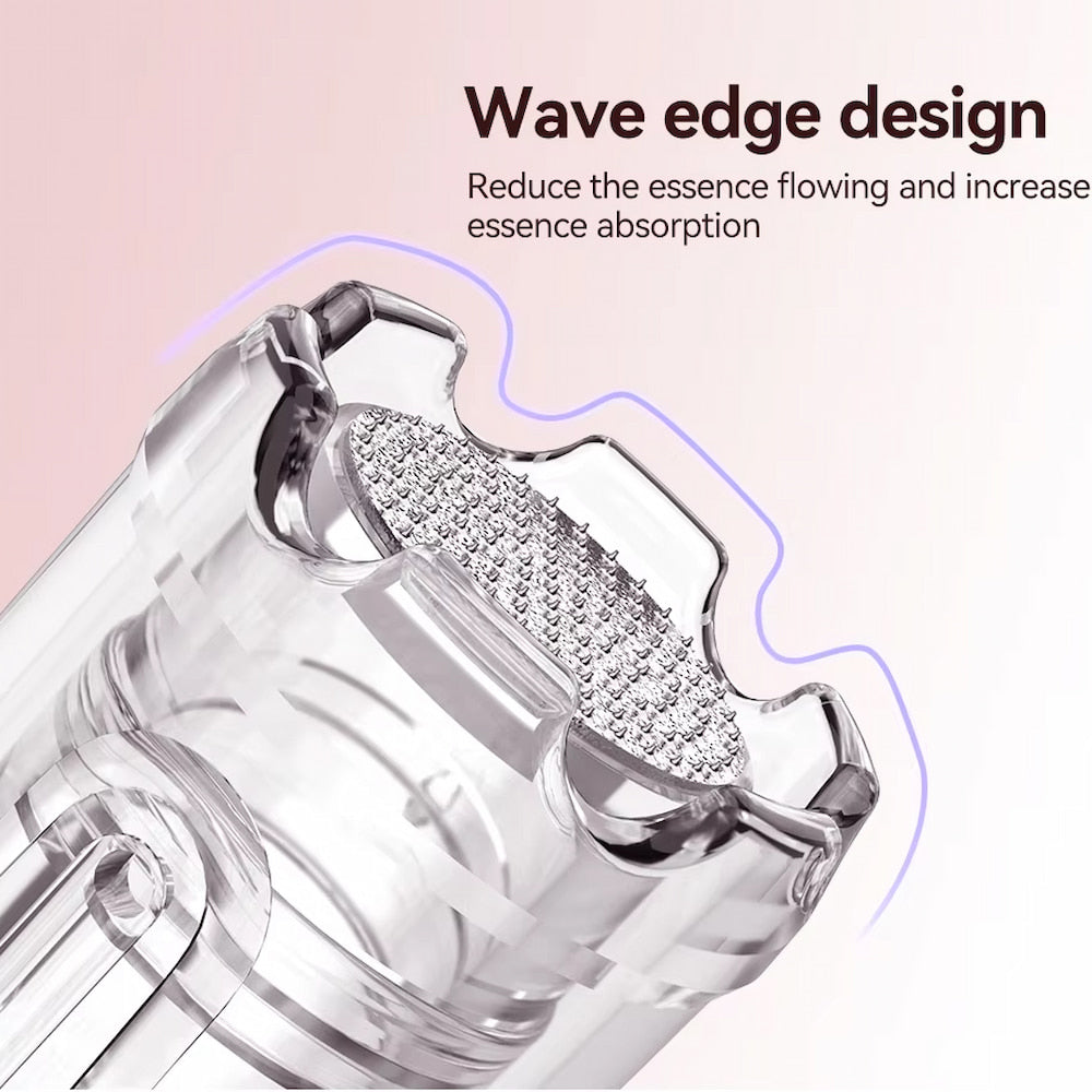 Primer plano de Dr. Pen cabezal de aguja con diseño de borde ondulado que reduce el derrame y mejora la absorción de la piel durante la microagujación.