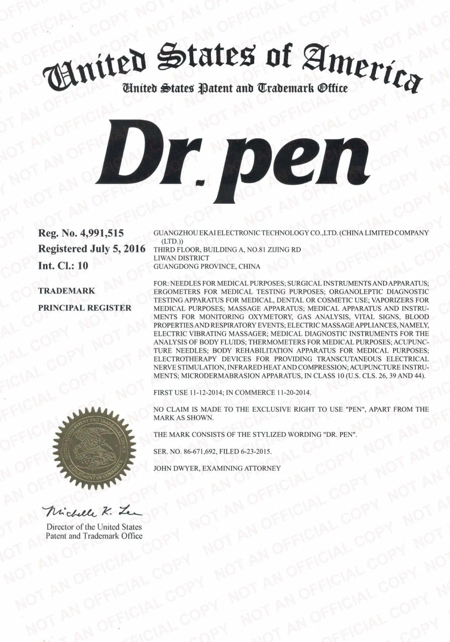 Certificado oficial de la Oficina de Patentes y Marcas de los Estados Unidos que muestra el registro de la marca Dr. Pen.