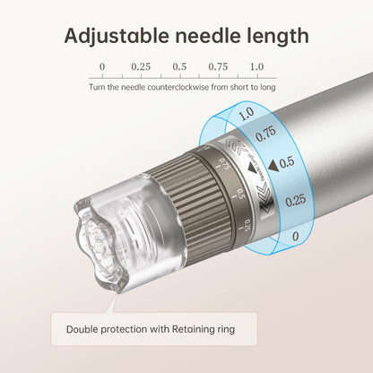 HydraPen h3 con profundidad de aguja ajustable de 0 a 1.0 mm y doble protección con anillo de seguridad para un microneedling preciso y seguro.