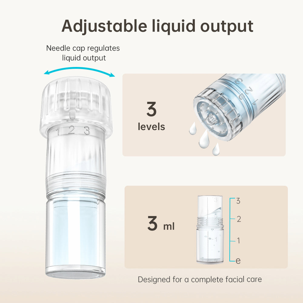 HydraPen H3 cabezal de aguja con dosificación de líquido ajustable en tres niveles y contenedor de 3 ml para un tratamiento facial preciso y completo.