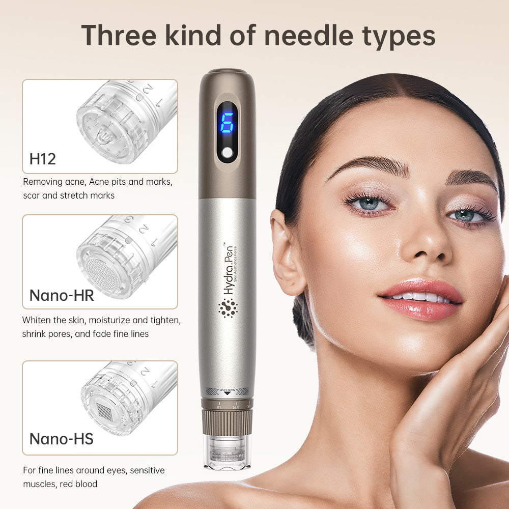 HydraPen H3 con tres tipos diferentes de agujas - H12 para cicatrices y acné, Nano-HR para renovación de la piel y reducción de poros, y Nano-HS para áreas sensibles alrededor de los ojos.
