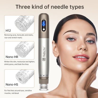 HydraPen H3 con tres tipos diferentes de agujas - H12 para cicatrices y acné, Nano-HR para renovación de la piel y reducción de poros, y Nano-HS para áreas sensibles alrededor de los ojos.