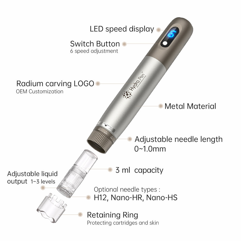 HydraPen h3 con pantalla de velocidad LED, 6 velocidades, profundidad de aguja ajustable de 0-1,0 mm, contenedor de líquido de 3 ml, liberación de líquido ajustable y tipos de agujas compatibles H12, Nano-HR y Nano-HS.