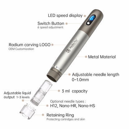 HydraPen h3 con pantalla de velocidad LED, 6 velocidades, profundidad de aguja ajustable de 0-1,0 mm, contenedor de líquido de 3 ml, liberación de líquido ajustable y tipos de agujas compatibles H12, Nano-HR y Nano-HS.