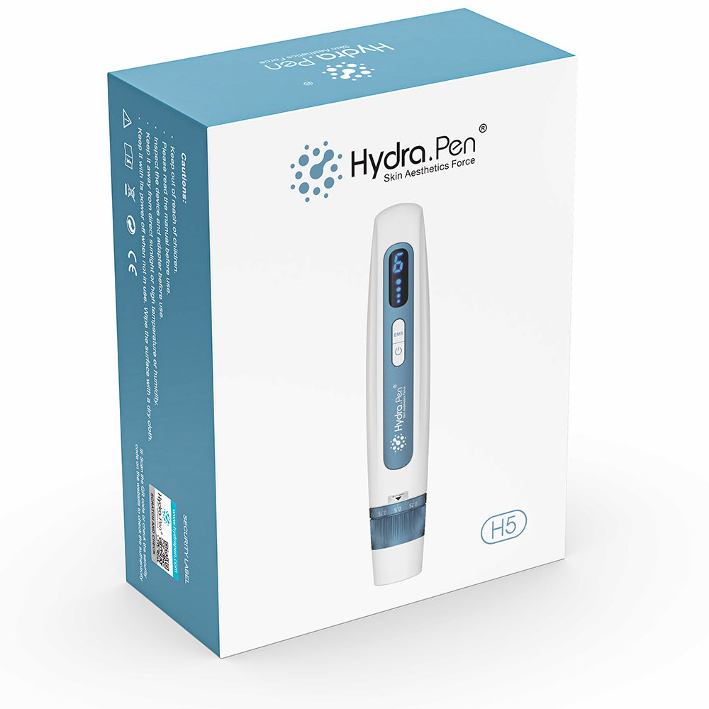 HydraPen H5 paquete que muestra la pluma blanca y azul microneedling para infusión de suero y tratamiento avanzado de la piel.