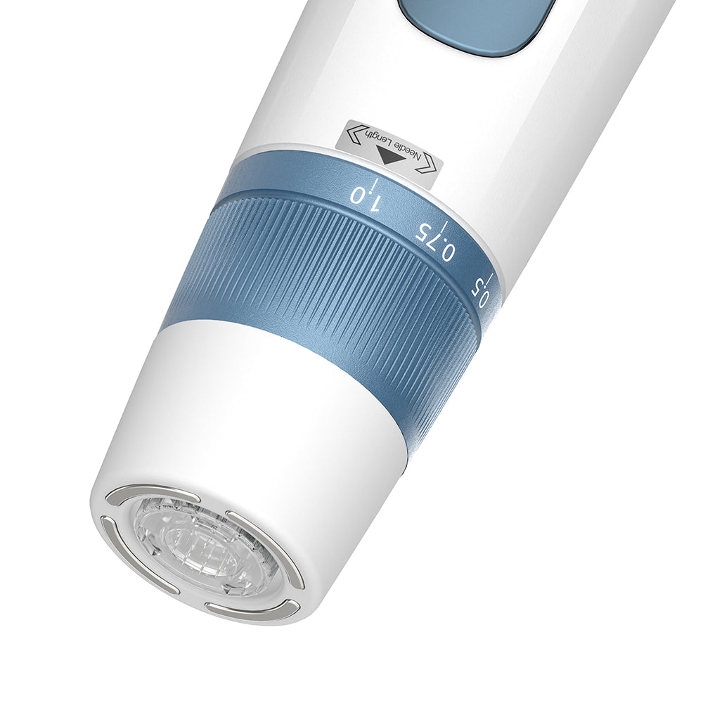 Primer plano de HydraPen H5 con anillo de ajuste de profundidad de aguja, mostrando marcas milimétricas y diseño de precisión para microneedling.