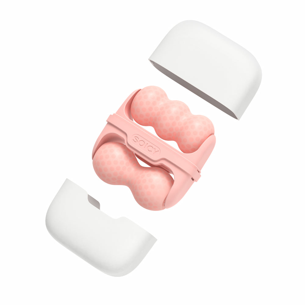 Ice Roller Soicy S30 en rosa – rodillo facial ergonómico para terapia de frío, masaje y drenaje linfático, mostrado en posición desmontada con estuche blanco.
