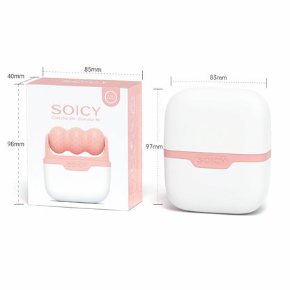 Ice Roller Soicy S30 con caja de producto y medidas – rodillo facial rosa y blanco en estuche compacto.