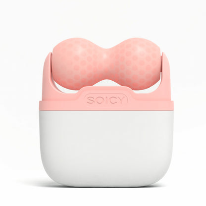 Ice Roller Soicy S30 en rosa – rodillo facial refrescante en estuche visto desde el frente, ideal para reducir la hinchazón y proporcionar un efecto reafirmante.