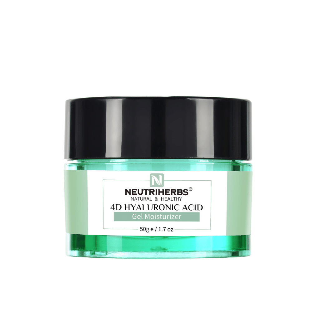 Neutriherbs 4D Hyaluronic Acid Gel Moisturizer 50 g en tarro verde. Una crema en gel ligera con ácido hialurónico 4D que hidrata la piel a varios niveles, ayuda a fortalecer la barrera cutánea y deja la piel suave, flexible y fresca sin sensación grasa.