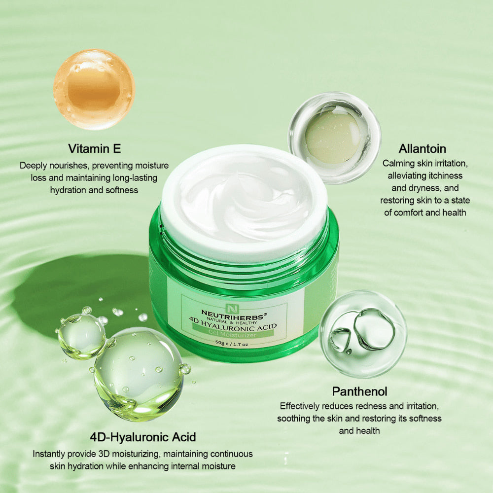 Neutriherbs 4D Hyaluronic Acid Gel Moisturizer 50 g con ilustración de ingredientes activos. La crema contiene ácido hialurónico 4D para una hidratación duradera, así como vitamina E, pantenol y alantoína que ayudan a hidratar, calmar la piel y fortalecer la barrera protectora de la piel.