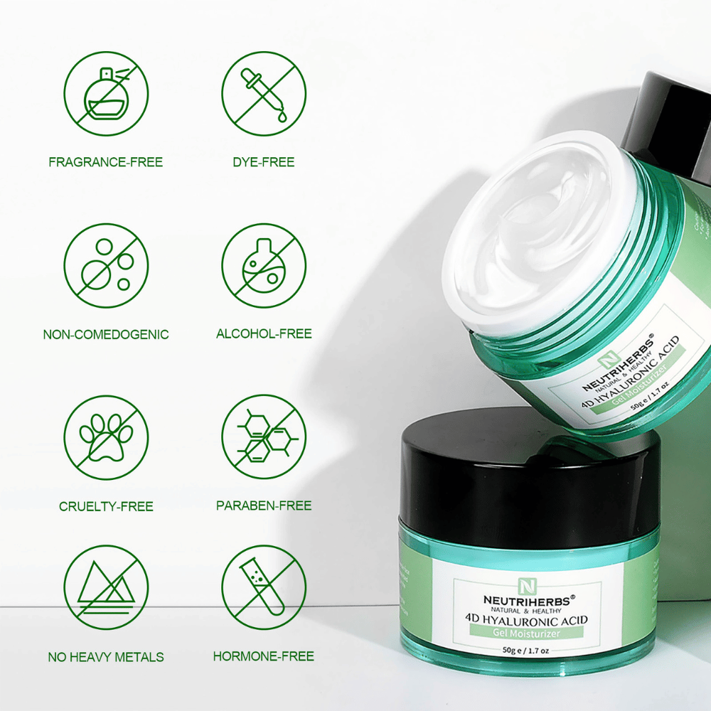 Neutriherbs 4D Hyaluronic Acid Gel Moisturizer 50 g con ilustración de las propiedades del producto. La crema en gel no contiene perfume, alcohol ni colorantes, es no comedogénica, sin parabenos y cruelty-free, además de estar libre de metales pesados y hormonas, lo que la hace suave para todo tipo de piel, incluso la piel sensible.