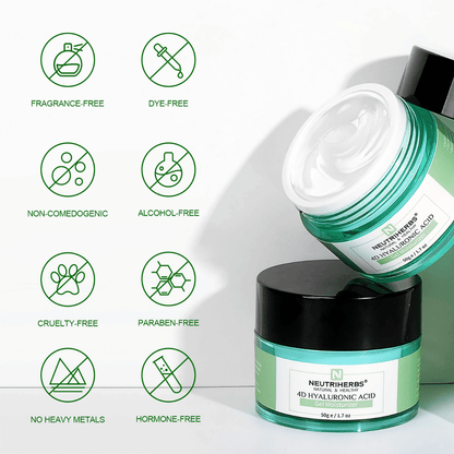 Neutriherbs 4D Hyaluronic Acid Gel Moisturizer 50 g con ilustración de las propiedades del producto. La crema en gel no contiene perfume, alcohol ni colorantes, es no comedogénica, sin parabenos y cruelty-free, además de estar libre de metales pesados y hormonas, lo que la hace suave para todo tipo de piel, incluso la piel sensible.