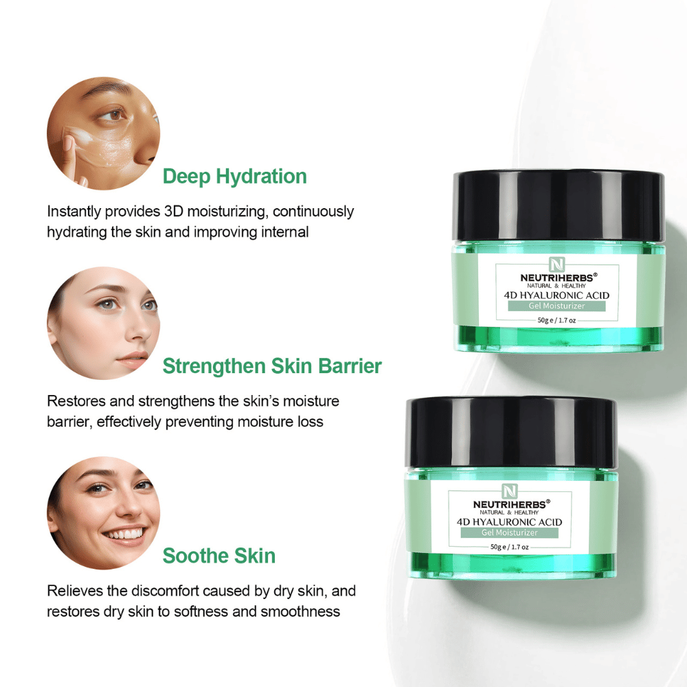 Neutriherbs 4D Hyaluronic Acid Gel Moisturizer 50 g con ilustración de los principales beneficios del producto. La crema en gel proporciona hidratación intensa, ayuda a fortalecer la barrera protectora de la piel y calma la piel seca y sensible para una sensación de piel más suave y flexible.