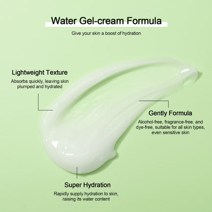 Ilustración de la ligera textura en gel de Neutriherbs 4D Hyaluronic Acid Gel Moisturizer. La crema en gel de base acuosa se absorbe rápidamente, proporciona hidratación intensa y deja la piel suave, rellena y fresca. La fórmula es suave y apta para todo tipo de piel, incluso la piel sensible.