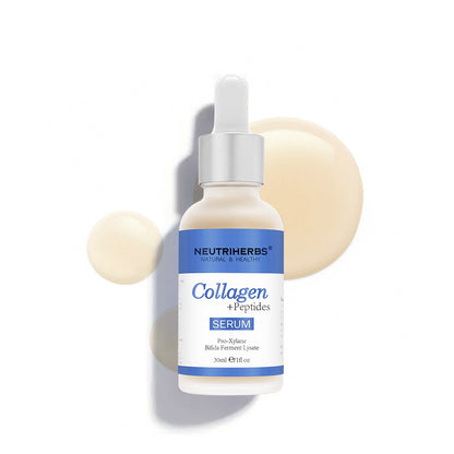 Neutriherbs Collagen + Peptides Serum 30 ml sobre fondo blanco con decorativas burbujas de colágeno. Sérum facial hidratante y reafirmante que ayuda a mejorar la elasticidad de la piel y a reducir las líneas finas visibles.