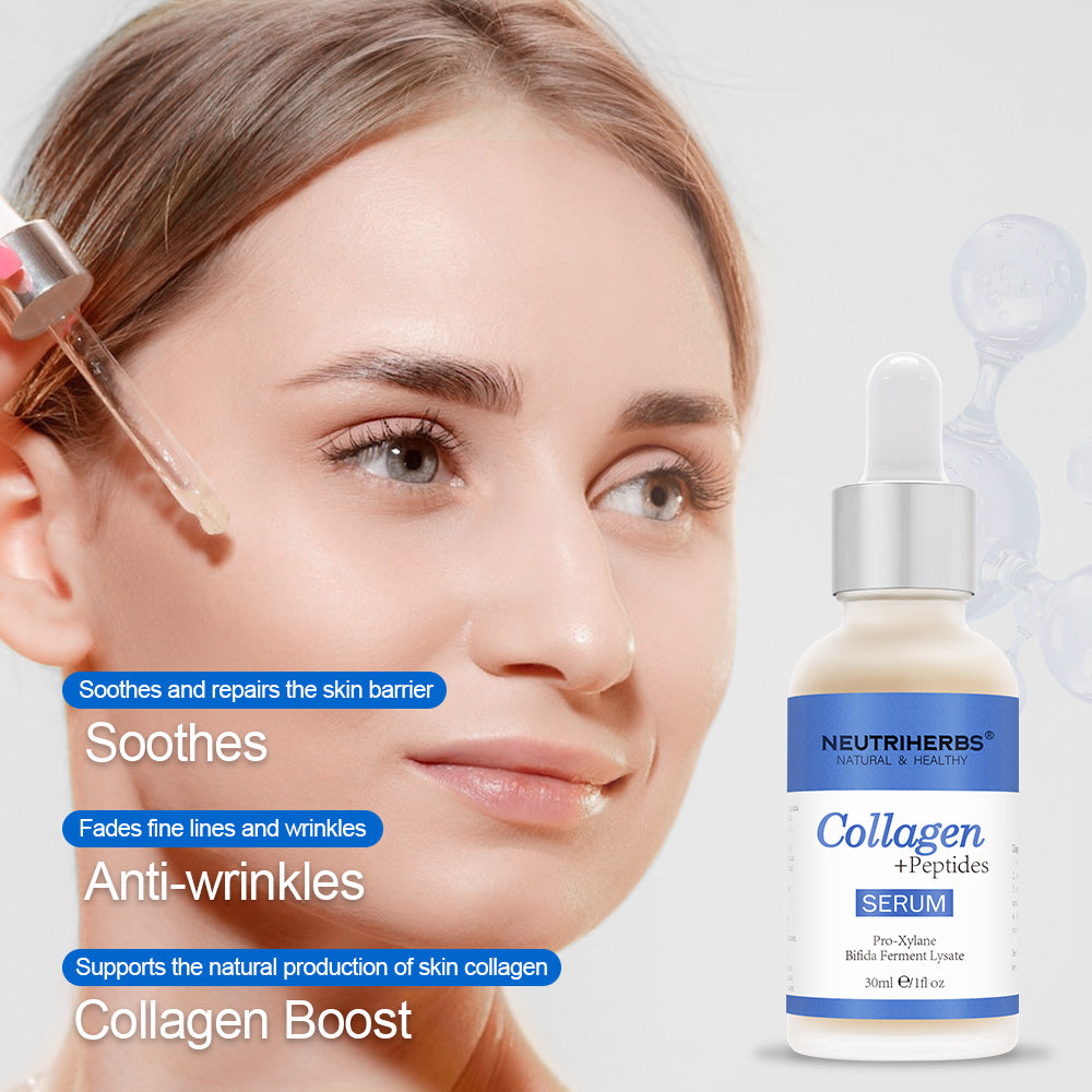 Mujer aplicando Neutriherbs Collagen + Peptides Serum 30 ml con cuentagotas en el rostro. Sérum hidratante que ayuda a fortalecer la barrera cutánea, mejorar la elasticidad de la piel y reducir las líneas finas y arrugas visibles.