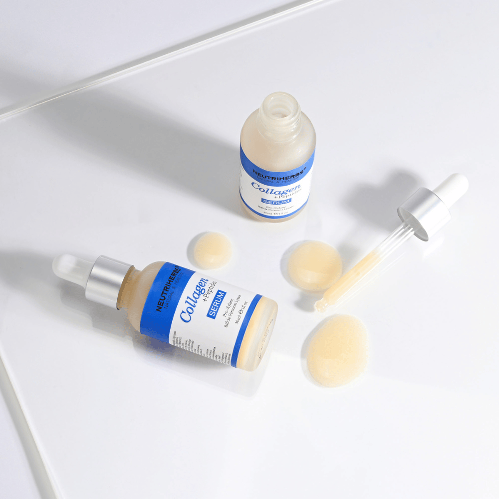 Neutriherbs Collagen + Peptides Serum 30 ml con frasco abierto, cuentagotas y textura del sérum. Primer plano que muestra la consistencia sedosa y el práctico aplicador con cuentagotas para una dosificación precisa.