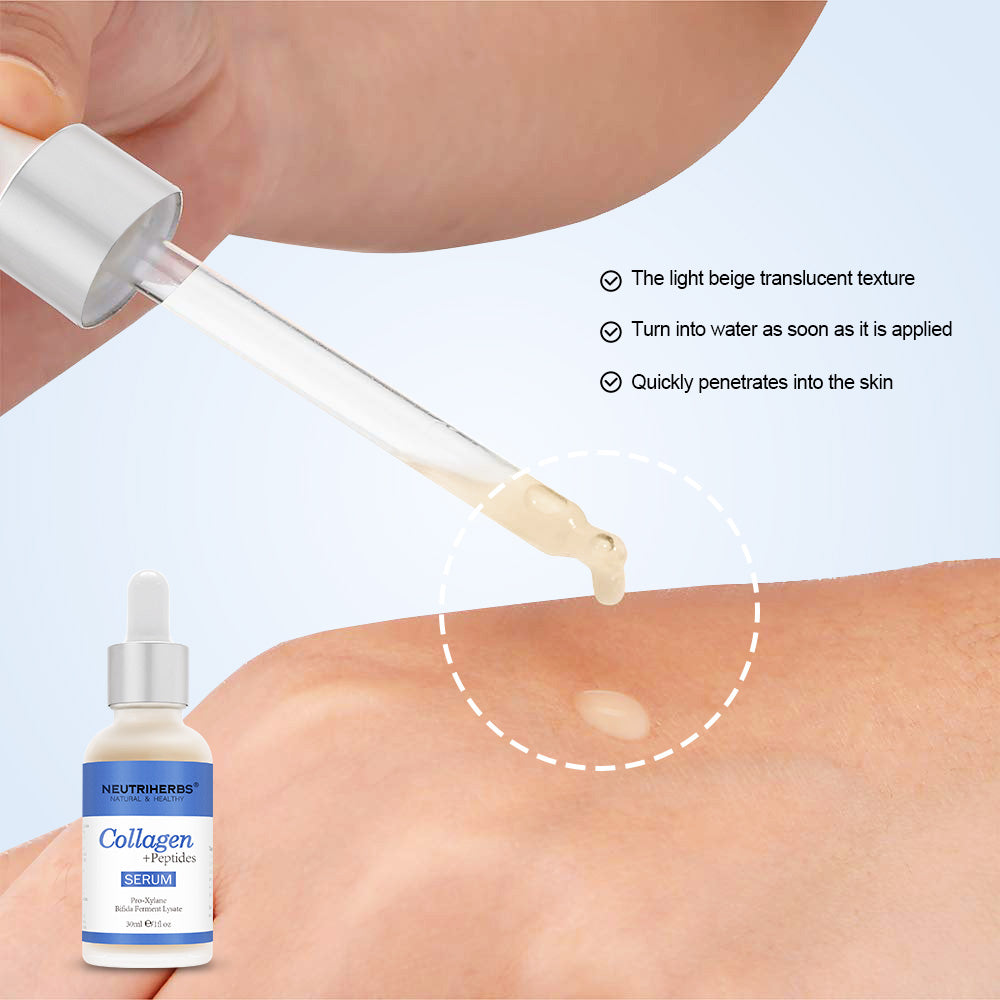 Primer plano de Neutriherbs Collagen + Peptides Serum 30 ml aplicado con cuentagotas sobre la piel. La imagen muestra la textura ligera y de rápida absorción del sérum, que hidrata la piel sin sentirse pegajoso.