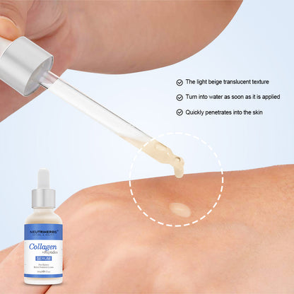 Primer plano de Neutriherbs Collagen + Peptides Serum 30 ml aplicado con cuentagotas sobre la piel. La imagen muestra la textura ligera y de rápida absorción del sérum, que hidrata la piel sin sentirse pegajoso.