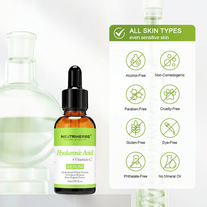 Neutriherbs Hyaluronic Acid + Vitamin C Serum 30 ml para todo tipo de piel, incluso piel sensible. Sérum facial hidratante sin alcohol, parabenos, aceite mineral ni colorantes que fortalece la barrera cutánea y aporta luminosidad a la piel.