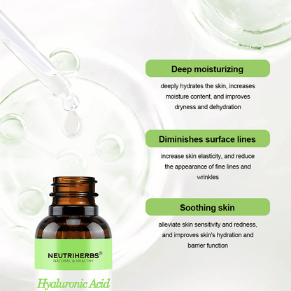 Neutriherbs Hyaluronic Acid + Vitamin C Serum 30 ml. Sérum facial hidratante con ácido hialurónico y vitamina C que proporciona hidratación intensa, calma la piel sensible, fortalece la barrera cutánea y ayuda a reducir las líneas finas y las arrugas.