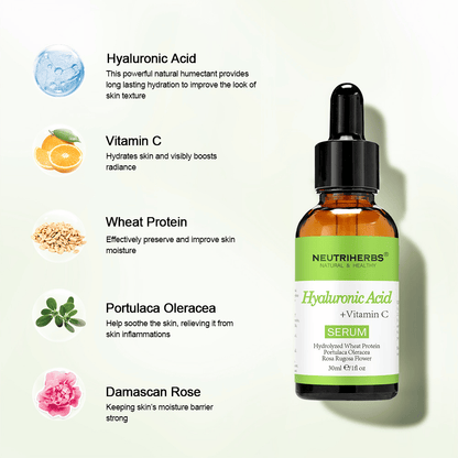 Neutriherbs Hyaluronic Acid + Vitamin C Serum 30 ml con ácido hialurónico, vitamina C, proteína de trigo hidrolizada, Portulaca Oleracea y rosa damascena. Sérum facial hidratante que fortalece la barrera cutánea, calma la piel y aporta mayor luminosidad.