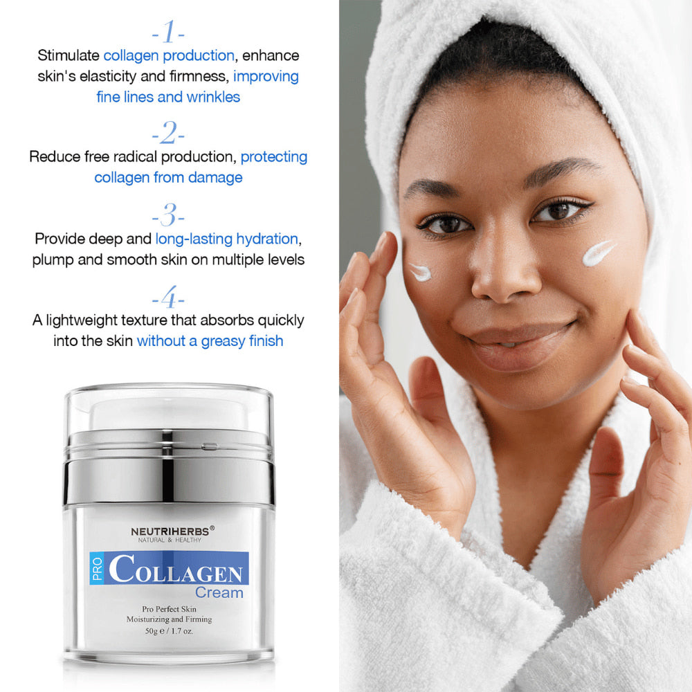 Neutriherbs Pro Collagen Cream 50 g crema facial hidratante con colágeno. Imagen que muestra la crema aplicada sobre la piel y destaca las propiedades del producto: estimula la producción de colágeno, contribuye a una piel más firme, proporciona hidratación duradera y se absorbe rápidamente sin sensación grasa.