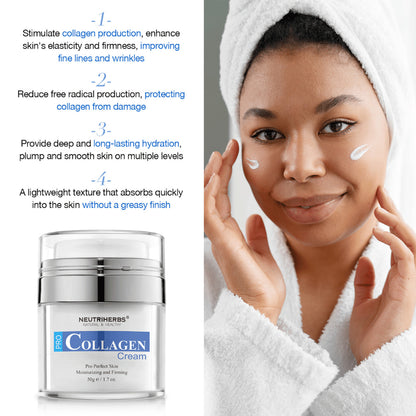Neutriherbs Pro Collagen Cream 50 g crema facial hidratante con colágeno. Imagen que muestra la crema aplicada sobre la piel y destaca las propiedades del producto: estimula la producción de colágeno, contribuye a una piel más firme, proporciona hidratación duradera y se absorbe rápidamente sin sensación grasa.