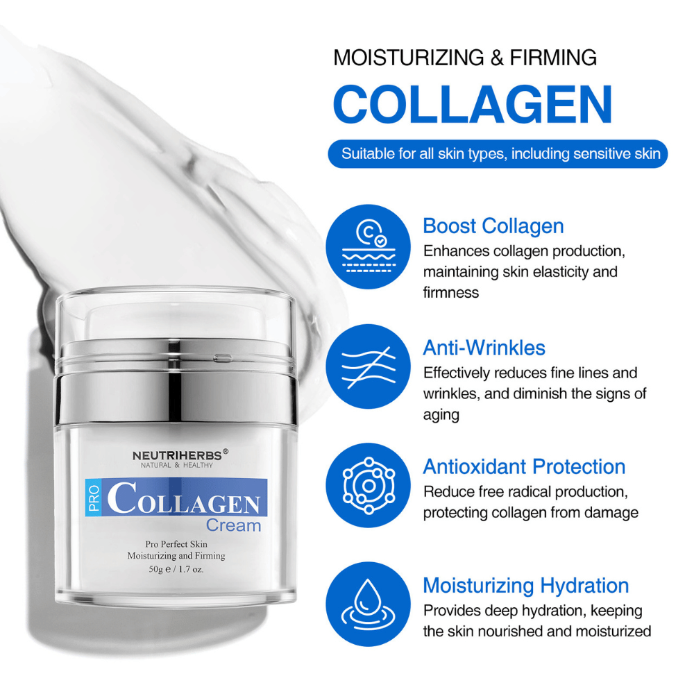 Neutriherbs Pro Collagen Cream 50 g crema facial hidratante con colágeno. Imagen informativa que describe los principales beneficios del producto: estimula la producción de colágeno, contribuye a una piel más firme, combate las líneas finas y las arrugas, proporciona protección antioxidante e hidrata la piel en profundidad. Apta para todo tipo de piel, incluso piel sensible.