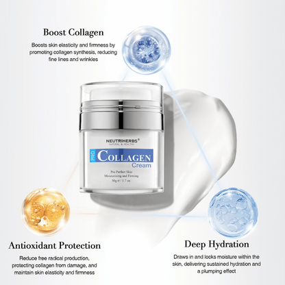 Neutriherbs Pro Collagen Cream 50 g con colágeno e ingredientes hidratantes. La imagen destaca tres beneficios principales: estimula el colágeno de la piel, proporciona hidratación profunda y aporta protección antioxidante para una piel más firme, suave e hidratada.