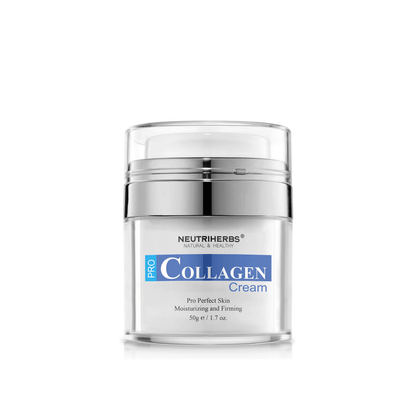 Neutriherbs Pro Collagen Cream 50 g en un elegante tarro. Una crema facial hidratante y reafirmante desarrollada para mejorar la elasticidad de la piel, proporcionar hidratación duradera y contribuir a una piel más firme con una sensación suave y flexible.