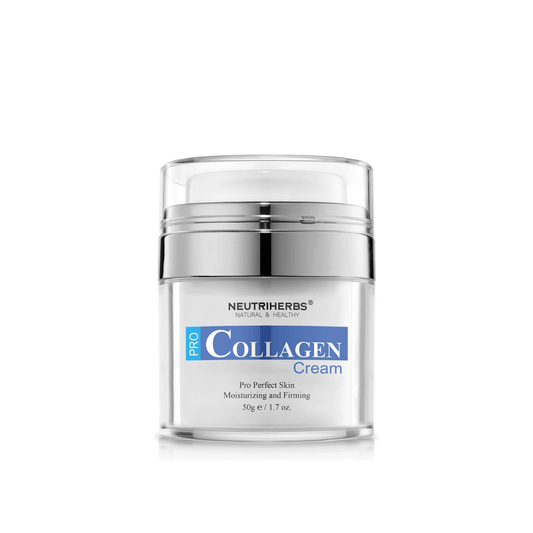 Neutriherbs Pro Collagen Cream 50 g en un elegante tarro. Una crema facial hidratante y reafirmante desarrollada para mejorar la elasticidad de la piel, proporcionar hidratación duradera y contribuir a una piel más firme con una sensación suave y flexible.