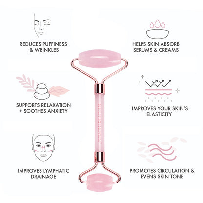 Neutriherbs rodillo de cuarzo rosa para masaje facial que complementa la rutina diaria de cuidado de la piel.