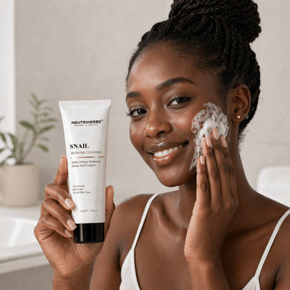 Mujer usando Neutriherbs Snail All In One Cleanser con rica espuma limpiadora para una limpieza facial suave. Limpiador facial hidratante que limpia la piel eficazmente sin resecarla y es apto para todo tipo de piel.