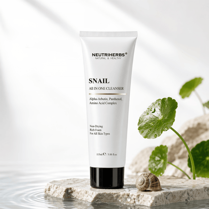Neutriherbs Snail All In One Cleanser limpiador facial con baba de caracol, alfa-arbutina y pantenol. Limpieza suave que elimina la suciedad y el maquillaje, hidrata la piel y es apta para todo tipo de piel.