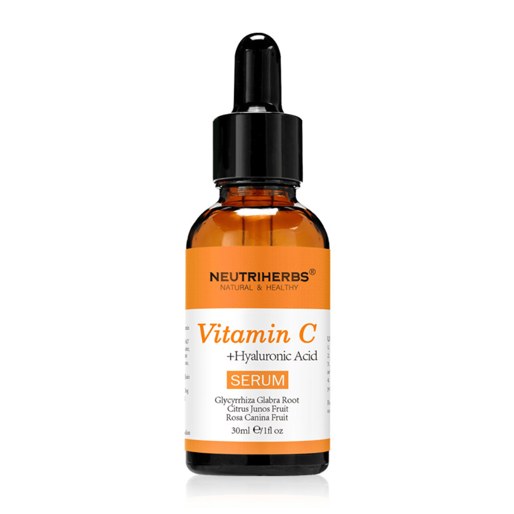 Neutriherbs Vitamin C + Hyaluronic Acid Serum 30 ml sobre fondo blanco. Sérum facial con vitamina C y ácido hialurónico que hidrata la piel, aporta mayor luminosidad y contribuye a un tono de piel más uniforme.