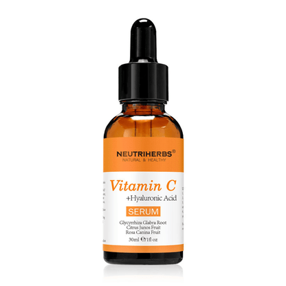 Neutriherbs Vitamin C + Hyaluronic Acid Serum 30 ml sobre fondo blanco. Sérum facial con vitamina C y ácido hialurónico que hidrata la piel, aporta mayor luminosidad y contribuye a un tono de piel más uniforme.