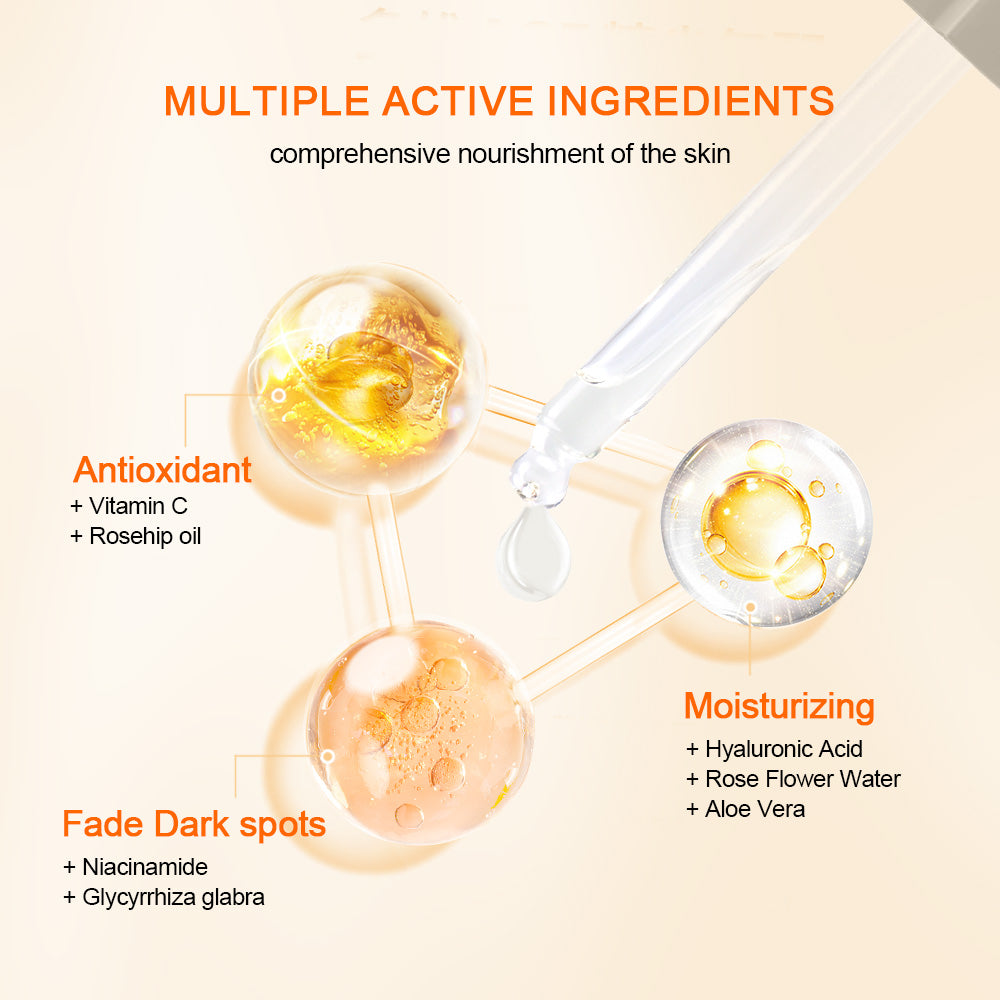 Ilustración que muestra los ingredientes activos de Neutriherbs Vitamin C + Hyaluronic Acid Serum. La vitamina C y el aceite de escaramujo proporcionan protección antioxidante, el ácido hialurónico, el agua de rosas y el aloe vera hidratan la piel, mientras que la niacinamida y la raíz de regaliz ayudan a reducir las manchas de pigmentación y a conseguir un tono de piel más uniforme.