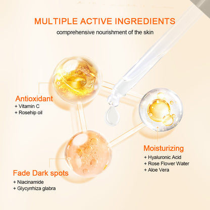 Ilustración que muestra los ingredientes activos de Neutriherbs Vitamin C + Hyaluronic Acid Serum. La vitamina C y el aceite de escaramujo proporcionan protección antioxidante, el ácido hialurónico, el agua de rosas y el aloe vera hidratan la piel, mientras que la niacinamida y la raíz de regaliz ayudan a reducir las manchas de pigmentación y a conseguir un tono de piel más uniforme.