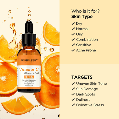 Neutriherbs Vitamin C + Hyaluronic Acid Serum 30 ml con naranjas. La ilustración muestra que el sérum es apto para todo tipo de piel, incluida la piel sensible y con tendencia acneica, y que ha sido desarrollado para tono desigual, manchas de pigmentación, daño solar, piel apagada y estrés oxidativo.